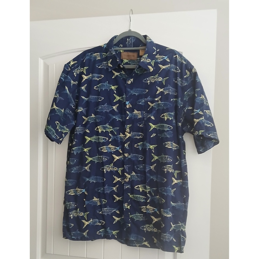 Clearwater Outfitters Mens XL Blue Fish Print Cotton Short Sleeve Button Down